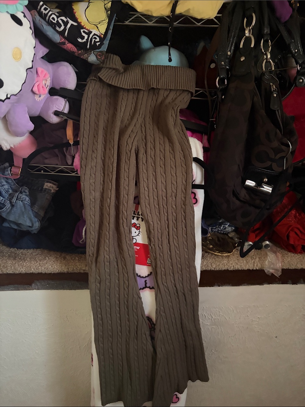 Knit Cable High-Waist flare sweater Pants - Taupe